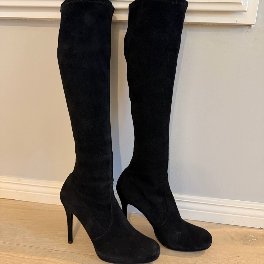 Stuart Weitzman Black Suede Give It Up Highland Knee High Heel Boots